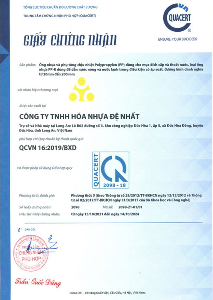 Chứng nhận chất lượng ống nhựa Đệ Nhất (HDPE, PVC, PPR)