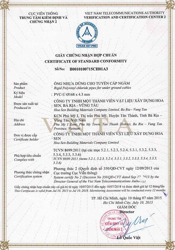 Chứng nhận chất lượng ống nước Hoa Sen (HDPE, PVC, PPR) mới nhất 