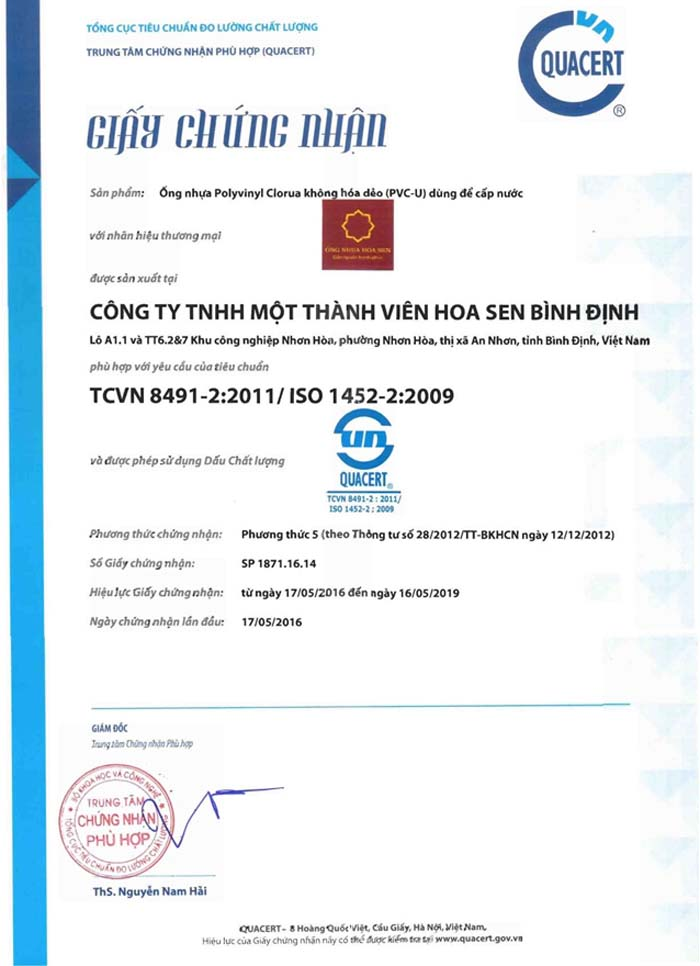 Chứng nhận chất lượng ống nước Hoa Sen (HDPE, PVC, PPR) mới nhất 