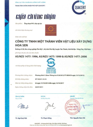 Chứng nhận chất lượng ống nước Hoa Sen (HDPE, PVC, PPR) mới nhất