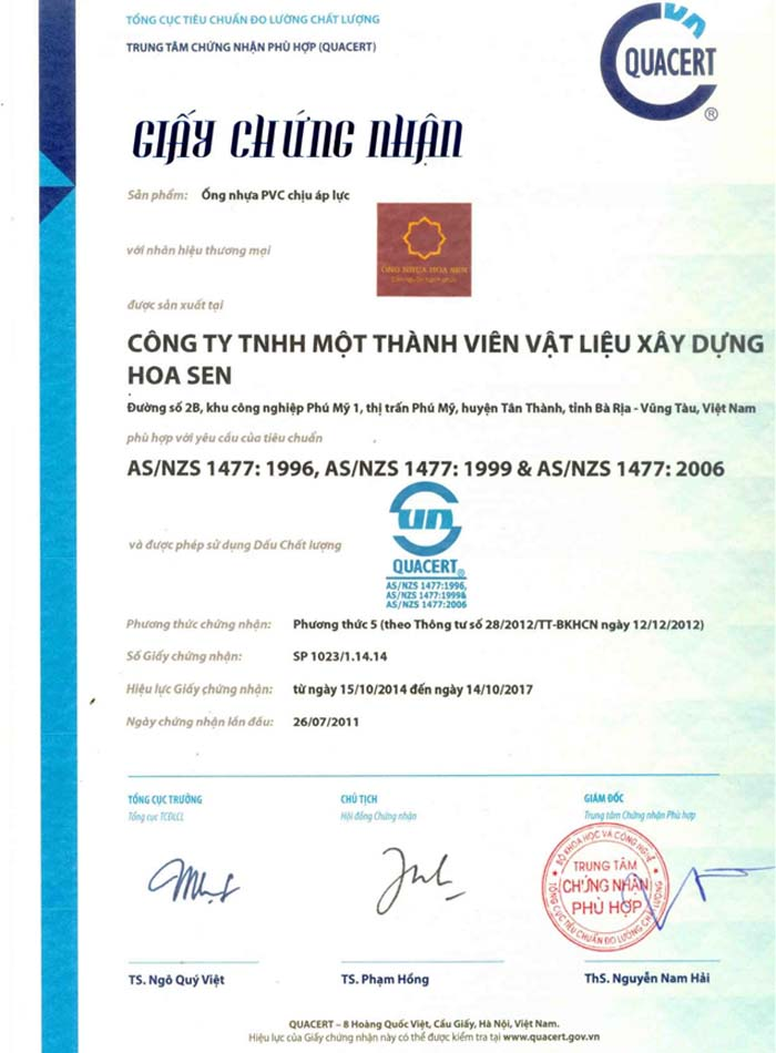 Chứng nhận chất lượng ống nước Hoa Sen (HDPE, PVC, PPR) mới nhất 
