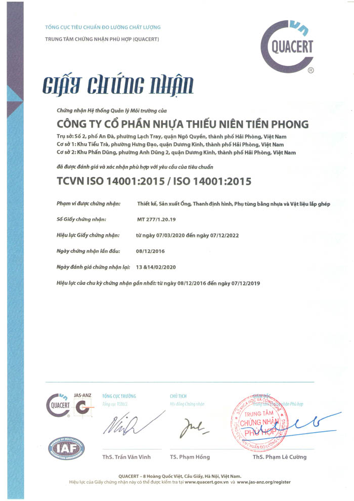 Chứng nhận chất lượng ống nhựa Tiền Phong