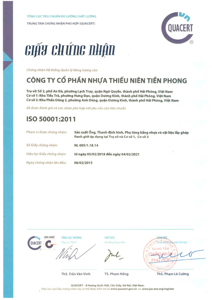Chứng nhận chất lượng ống nhựa Tiền Phong