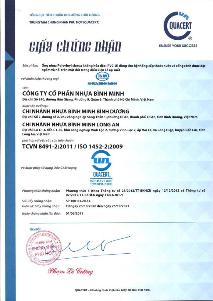 Chứng nhận chất lượng sản phẩm ống uPVC Bình Minh
