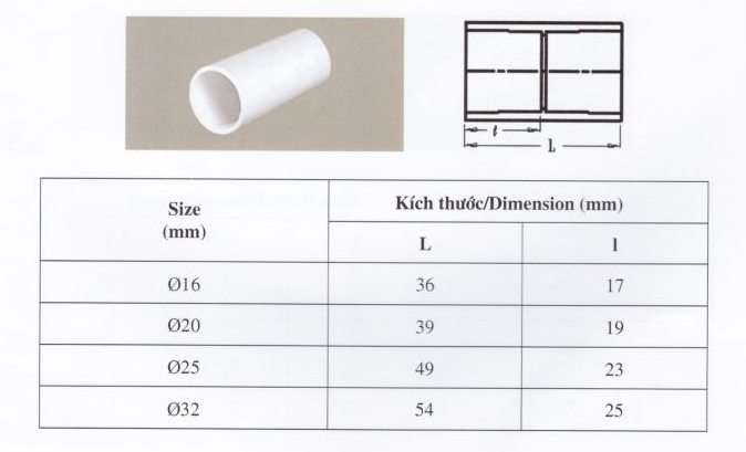 Thông số kỹ thuật Nối trơn PVC