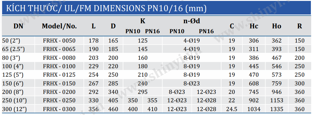 kích thước Van cổng TY nổi UL/FM PN10/16