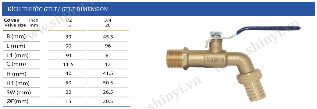 Kích thước Van vòi đồng Shinyi