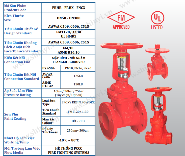 Thông số kỹ thuật Van cổng TY nổi UL/FM - Van cổng TY chìm UL/FM Shinyi