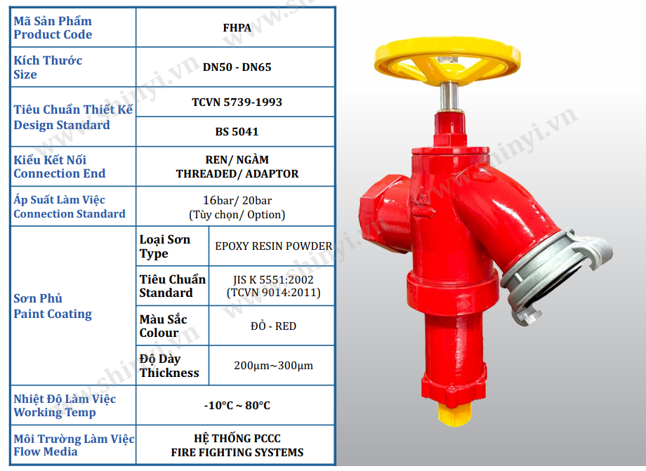 Thông số kỹ thuật Van góc giảm áp PCCC Shinyi