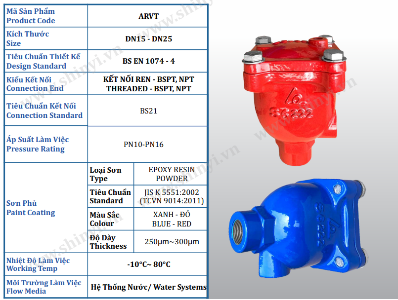 Thông số kỹ thuật Van xả khí đơn Shinyi
