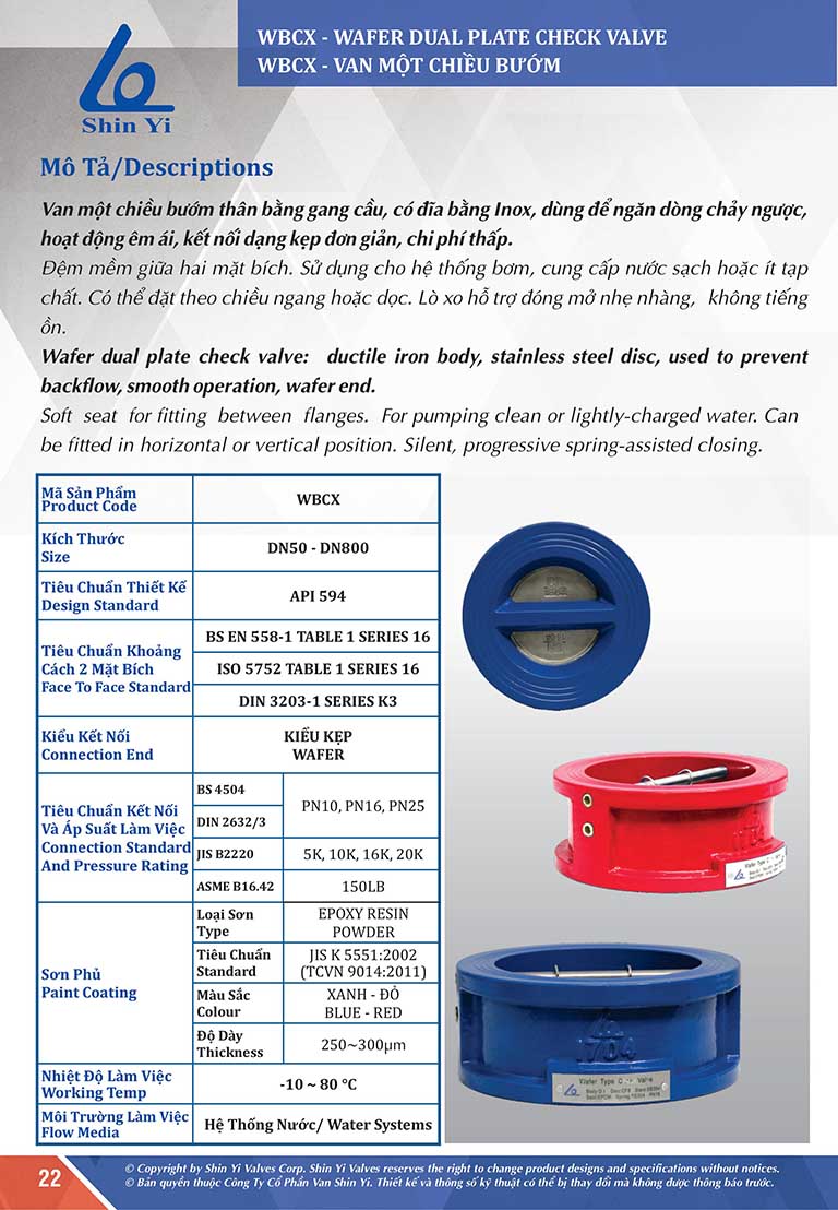 Thông số kỹ thuật Van một chiều bướm DN50 Shin Yi