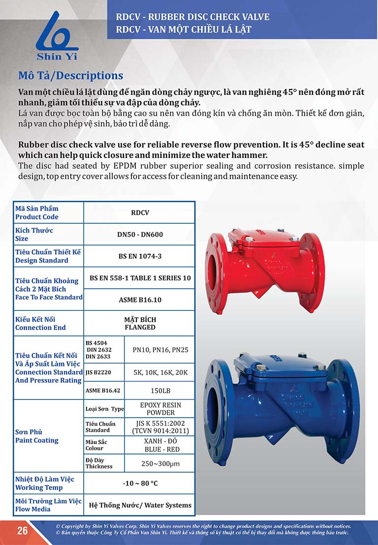 Thông số Van một chiều lá lật DN50 Shin Yi