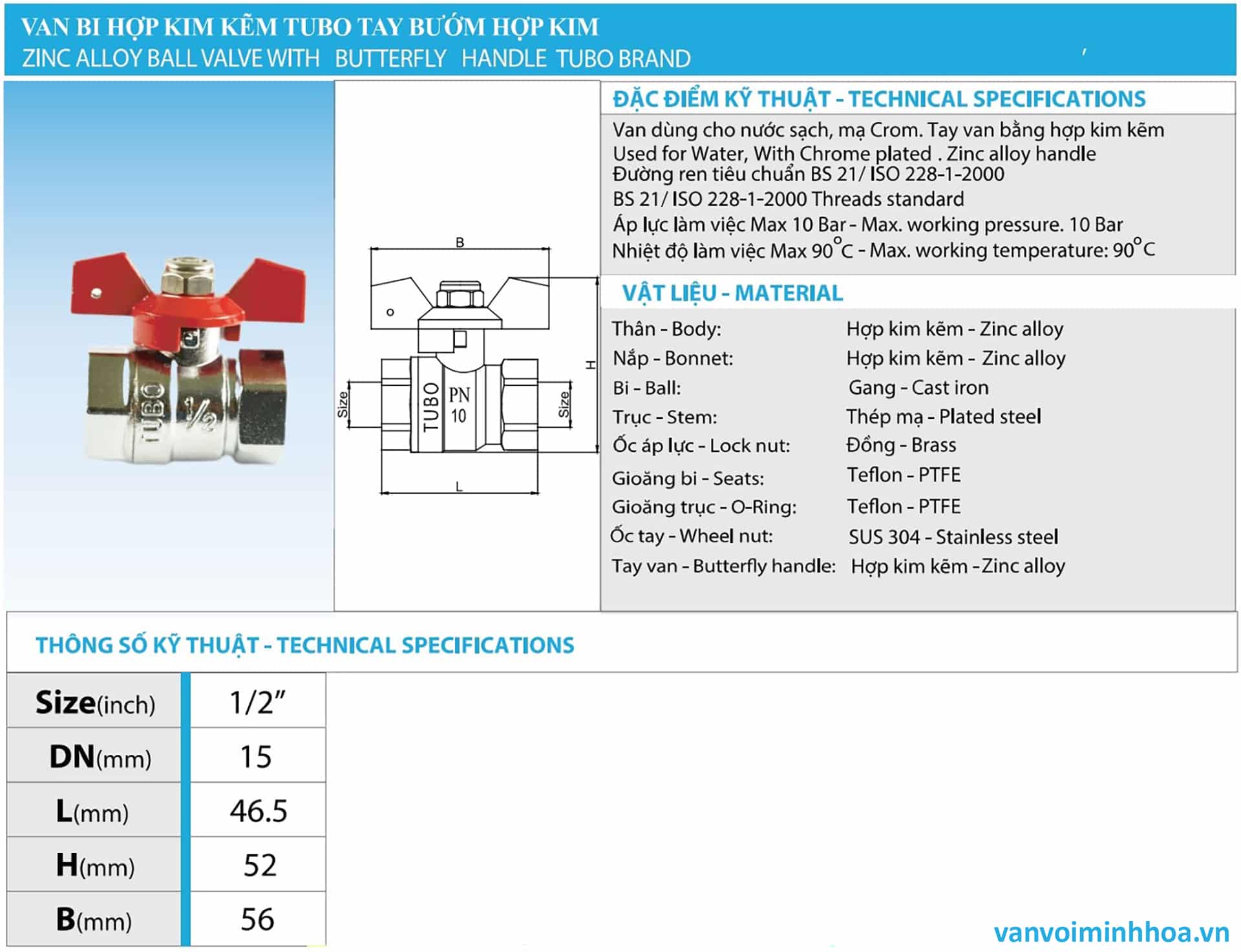 Thông số kỹ thuật van bi hợp kim tay bướm TUBO Minh Hoà